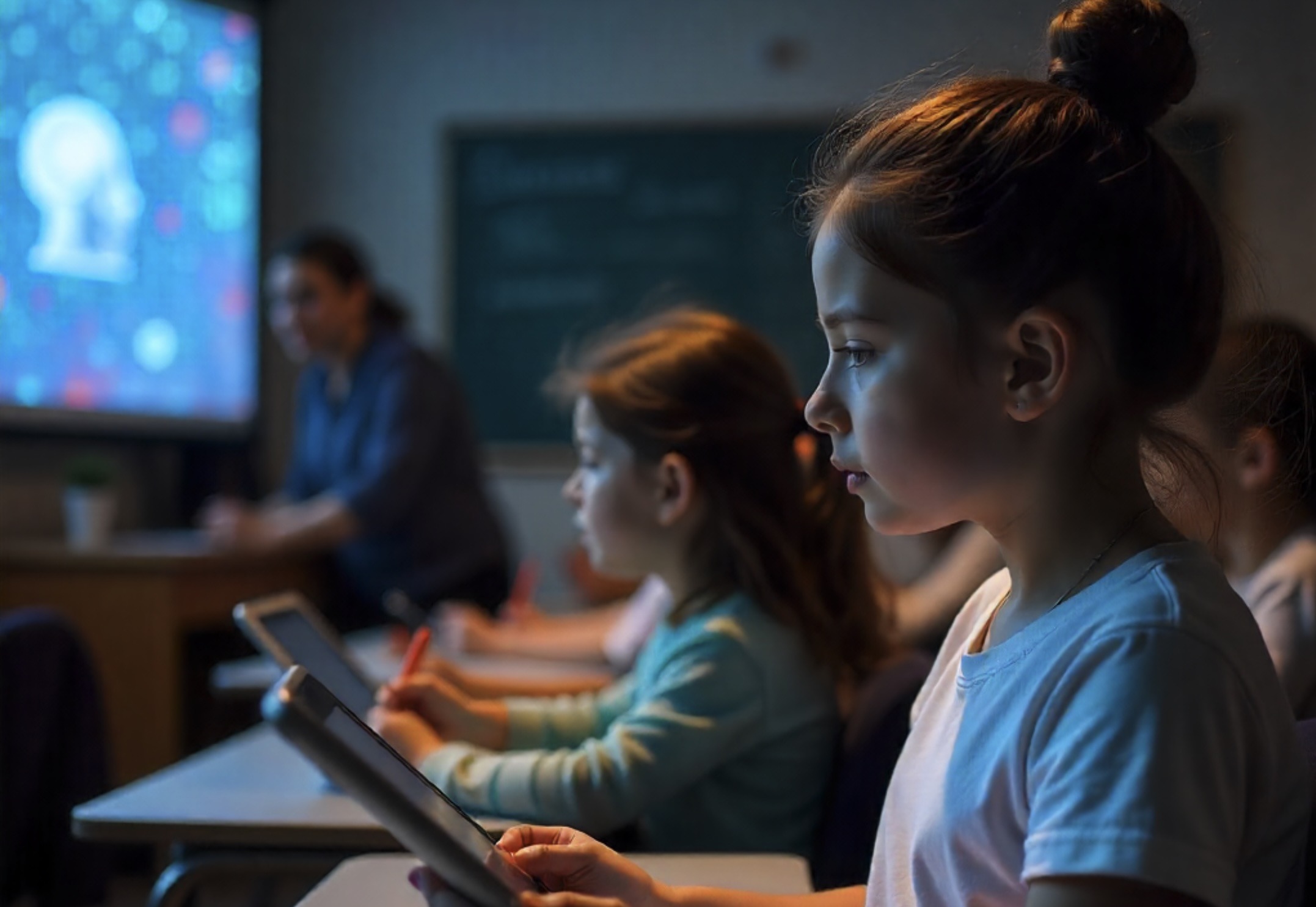 Niños e IA niños y niñas aprendiendo con tablet sobre IA